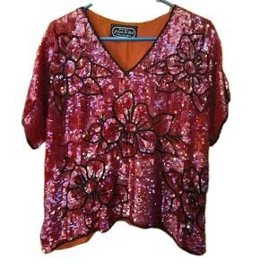 Vintage Sequin Floral Beaded 100% Silk Gold Black Joseph Le Bon Top Women's M